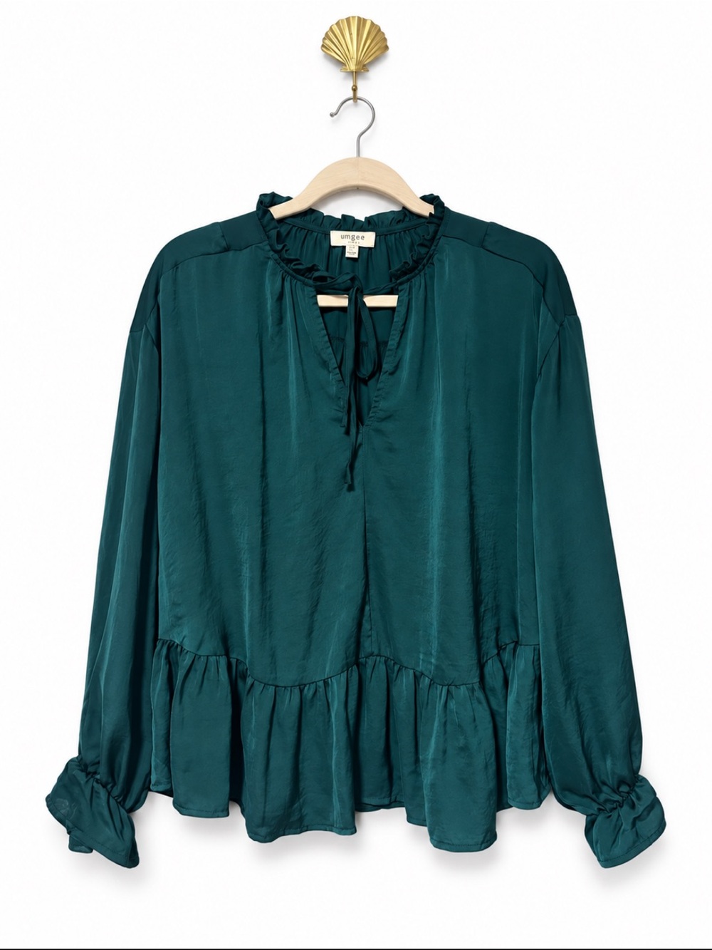 Umgee Oversized Flowy Teal Blouse Size M Ruffle Tie Neck Boho Peplum Top